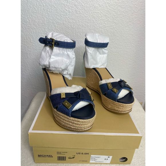 Michael Kors Ripley Wedge Denim Sz6.5 Womens New - Picture 1 of 10